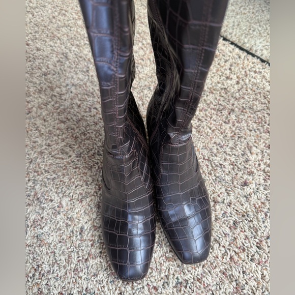 Franco Sarto Dark Brown Croc-Embossed Knee High Boots - Picture 4 of 5
